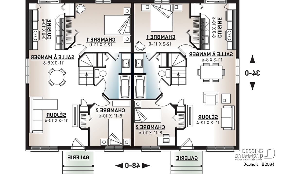 Rez-de-chaussée - Plan de maisons Jumelées de style Craftsman, 2 chambres, sous-sol à aménager, espace ouvert - Daunais