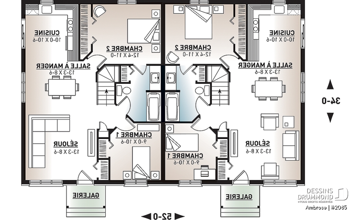 Rez-de-chaussée - Plan de semi-détaché, 2 chambres, cuisine tout en lumière et grand sous-sol - Ambrose