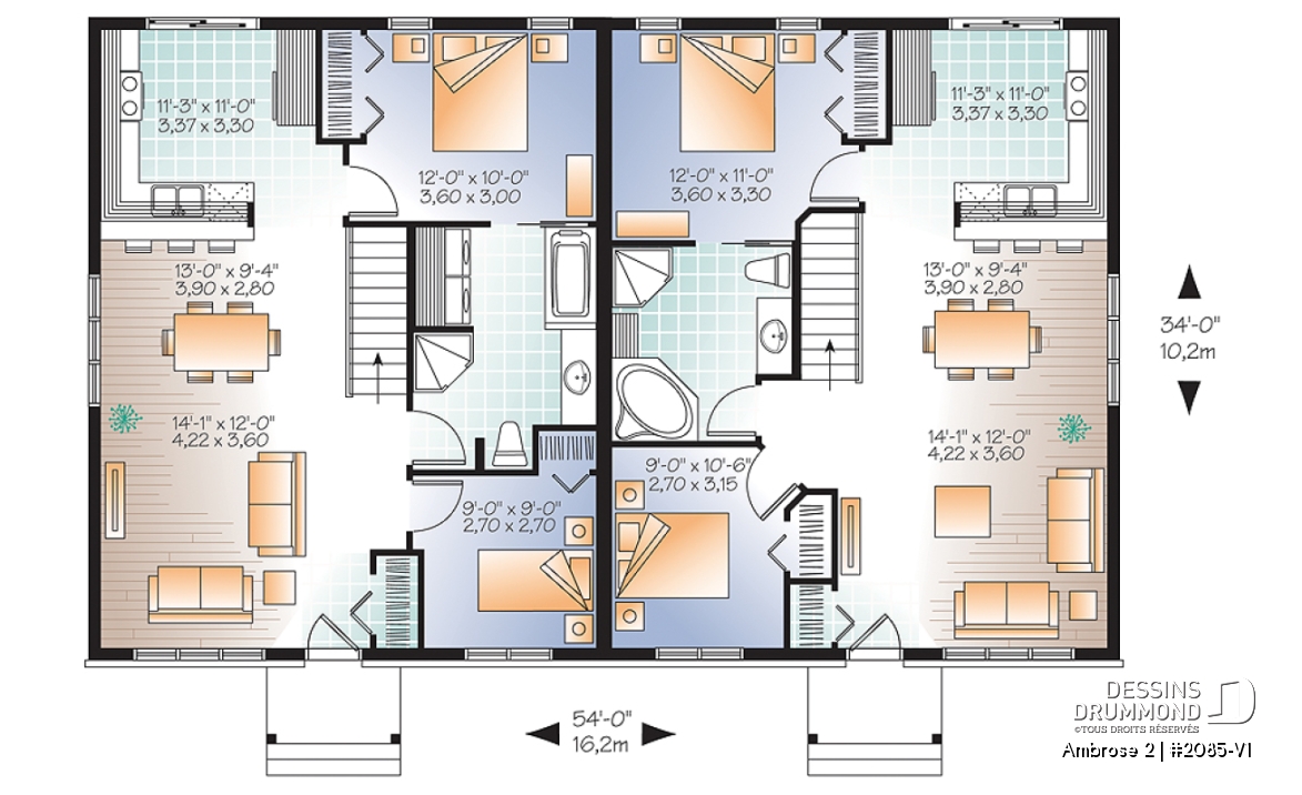 Rez-de-chaussée - Plan de maison jumelé champêtre, 2 chambres, intérieur convivial, 2 options de salle de bain - Ambrose 2