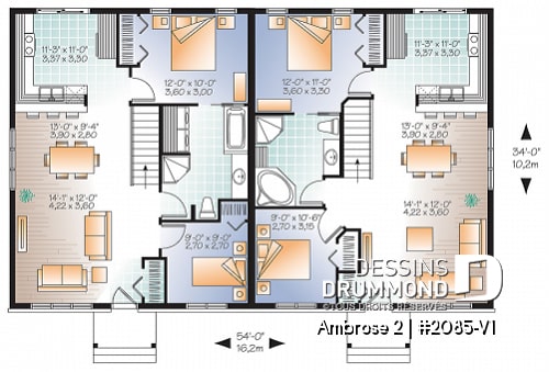 Rez-de-chaussée - Plan de maison jumelé champêtre, 2 chambres, intérieur convivial, 2 options de salle de bain - Ambrose 2