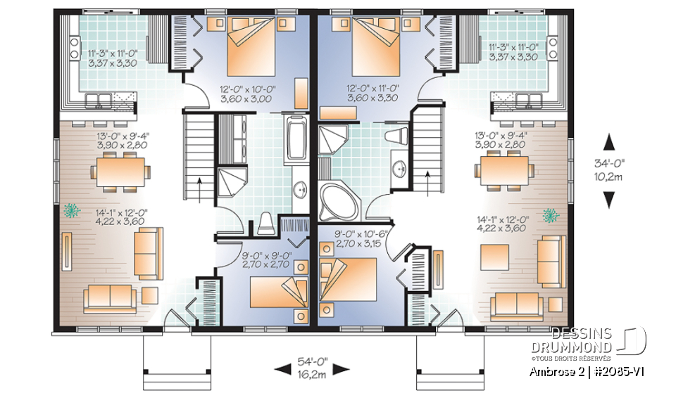 Rez-de-chaussée - Plan de maison jumelé champêtre, 2 chambres, intérieur convivial, 2 options de salle de bain - Ambrose 2