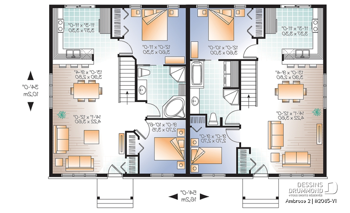 Rez-de-chaussée - Plan de maison jumelé champêtre, 2 chambres, intérieur convivial, 2 options de salle de bain - Ambrose 2