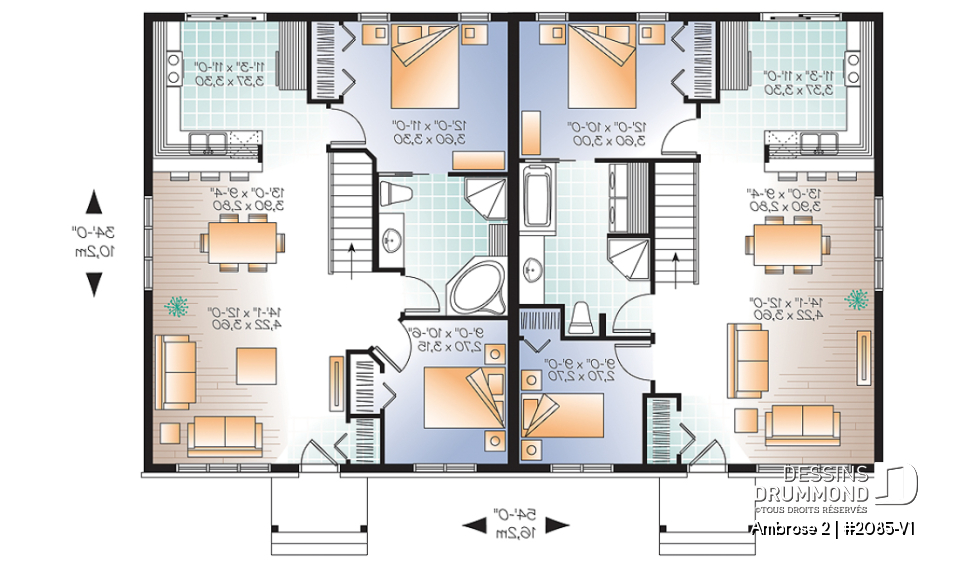 Rez-de-chaussée - Plan de maison jumelé champêtre, 2 chambres, intérieur convivial, 2 options de salle de bain - Ambrose 2