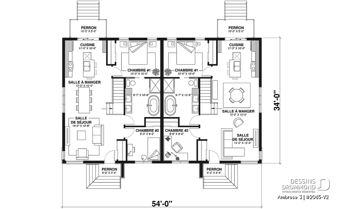 Rez-de-chaussée - Plan de maison jumelée contemporaine mid-century, 2 chambres, îlot à la cuisine, sous-sol aménageable - Ambrose 3