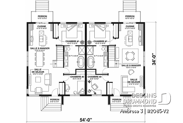 Rez-de-chaussée - Plan de maison jumelée contemporaine mid-century, 2 chambres, îlot à la cuisine, sous-sol aménageable - Ambrose 3