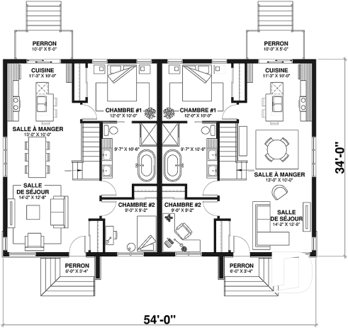 Rez-de-chaussée - Plan de maison jumelée contemporaine mid-century, 2 chambres, îlot à la cuisine, sous-sol aménageable - Ambrose 3