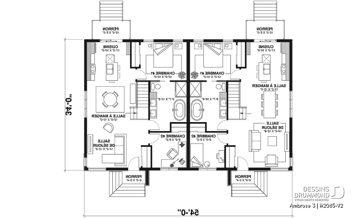 Rez-de-chaussée - Plan de maison jumelée contemporaine mid-century, 2 chambres, îlot à la cuisine, sous-sol aménageable - Ambrose 3