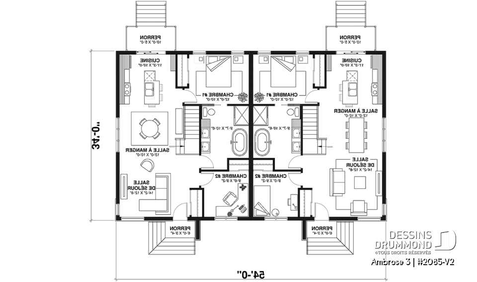 Rez-de-chaussée - Plan de maison jumelée contemporaine mid-century, 2 chambres, îlot à la cuisine, sous-sol aménageable - Ambrose 3