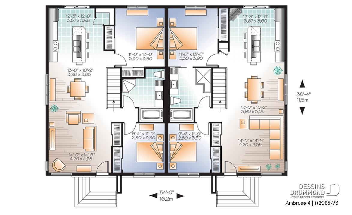 Rez-de-chaussée - Plan de maison jumelée moderne, plain-pied, 2 chambres, option garde-manger et 2 garde-robes chambre parents - Ambrose 4