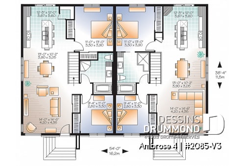 Rez-de-chaussée - Plan de maison jumelée moderne, plain-pied, 2 chambres, option garde-manger et 2 garde-robes chambre parents - Ambrose 4