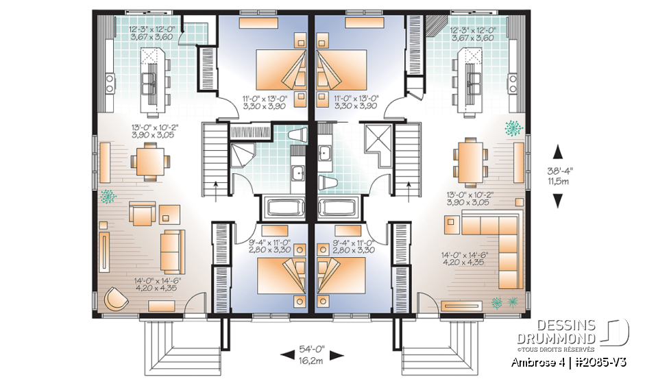 Rez-de-chaussée - Plan de maison jumelée moderne, plain-pied, 2 chambres, option garde-manger et 2 garde-robes chambre parents - Ambrose 4