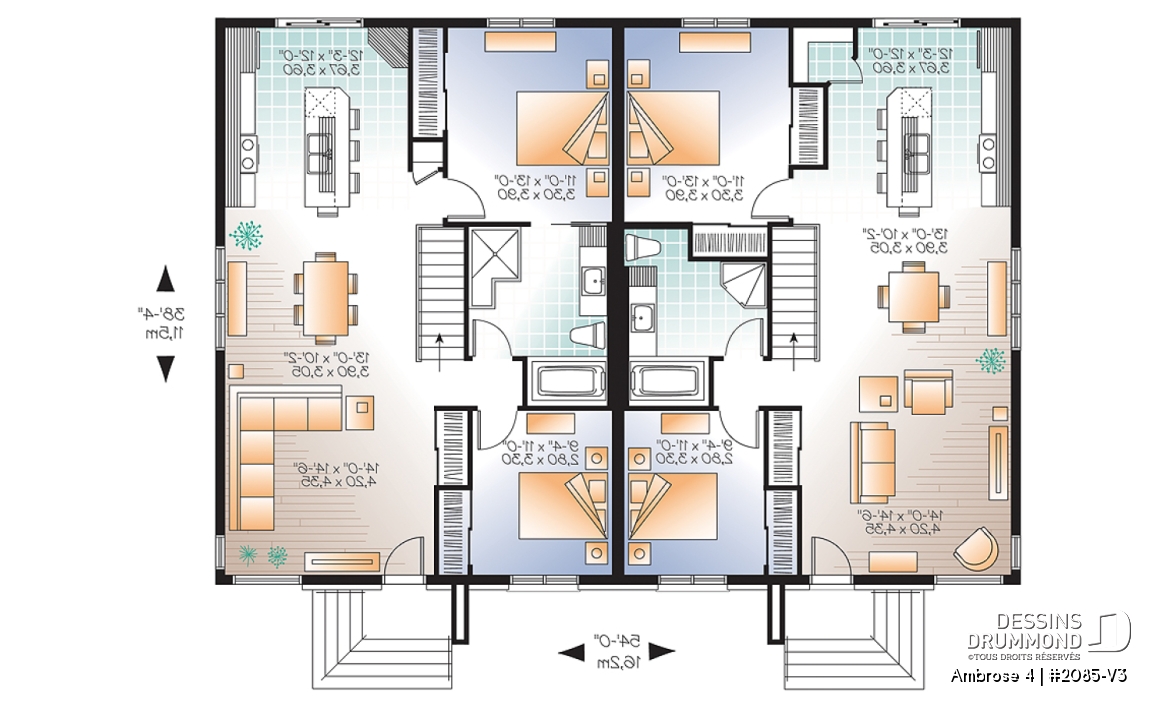Rez-de-chaussée - Plan de maison jumelée moderne, plain-pied, 2 chambres, option garde-manger et 2 garde-robes chambre parents - Ambrose 4