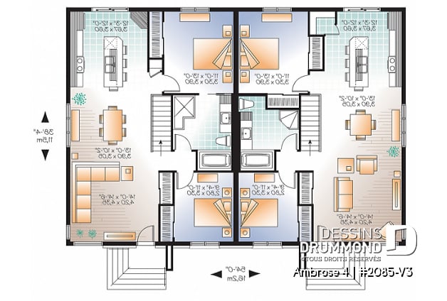 Rez-de-chaussée - Plan de maison jumelée moderne, plain-pied, 2 chambres, option garde-manger et 2 garde-robes chambre parents - Ambrose 4