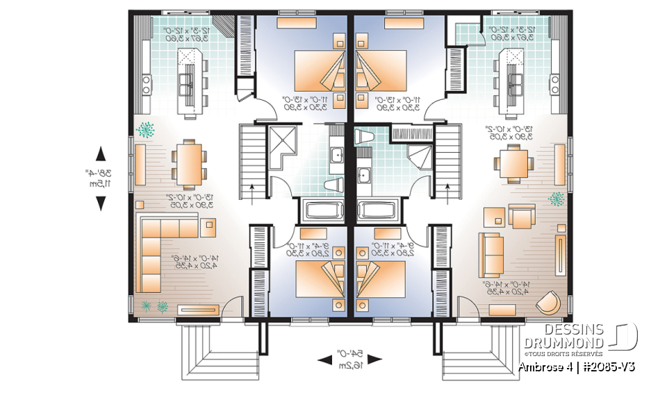 Rez-de-chaussée - Plan de maison jumelée moderne, plain-pied, 2 chambres, option garde-manger et 2 garde-robes chambre parents - Ambrose 4