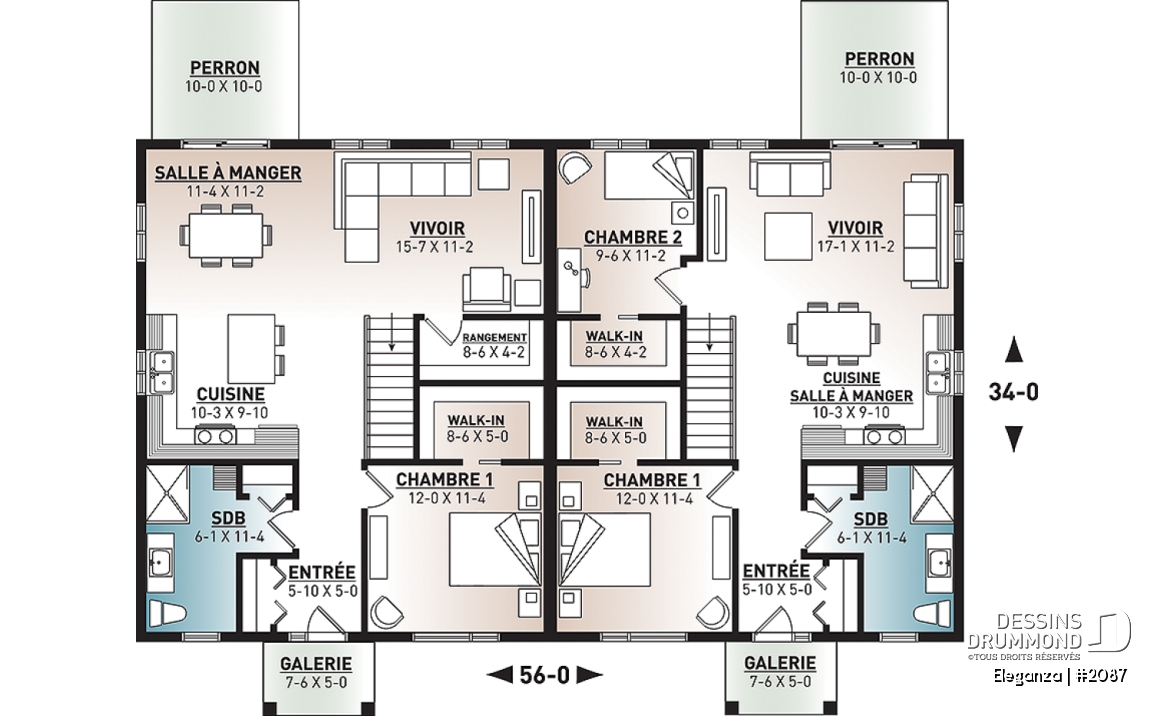 Rez-de-chaussée - Plan de jumelé moderne mid-century, 1 à 3 chambres, superbe cuisine, salle à manger et salon à aire ouverte  - Eleganza
