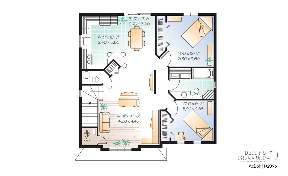 Étage - Plan de duplex abordable, 2 chambres, cuisine avec îlot lunch, espace ouvert - Abbot