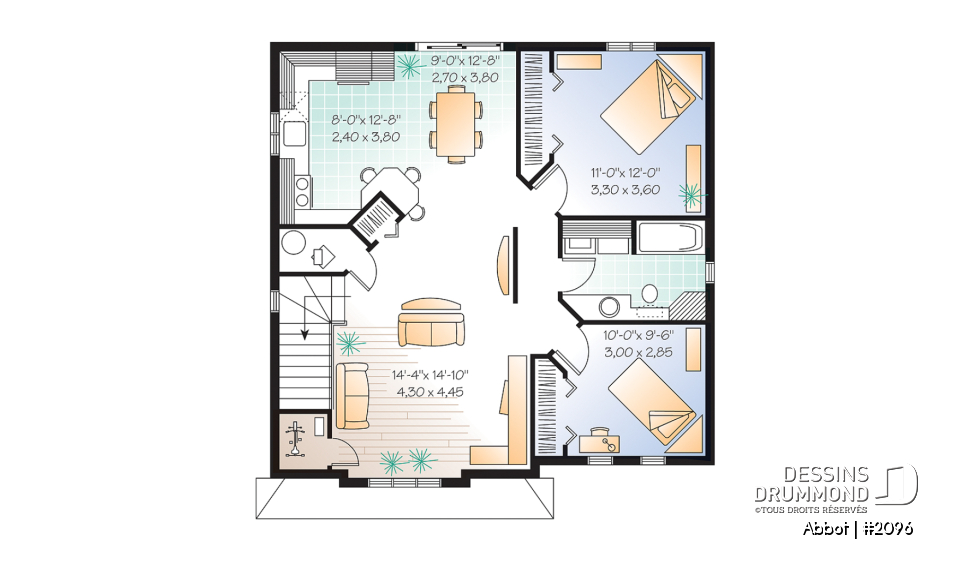 Étage - Plan de duplex abordable, 2 chambres, cuisine avec îlot lunch, espace ouvert - Abbot