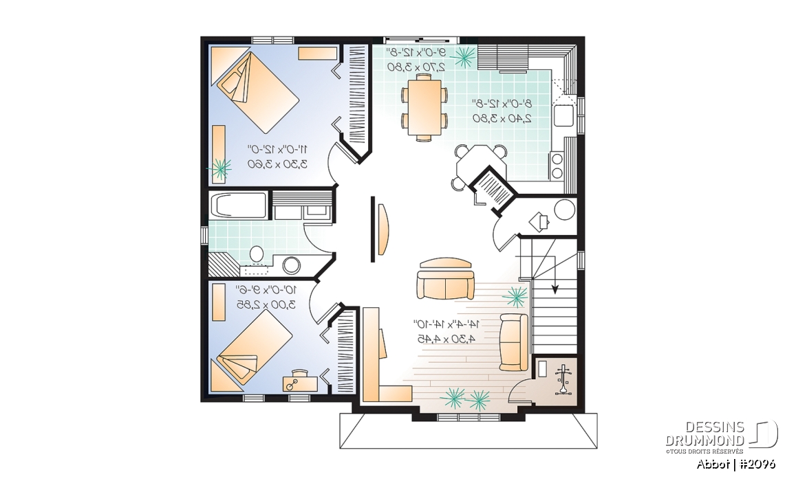 Étage - Plan de duplex abordable, 2 chambres, cuisine avec îlot lunch, espace ouvert - Abbot
