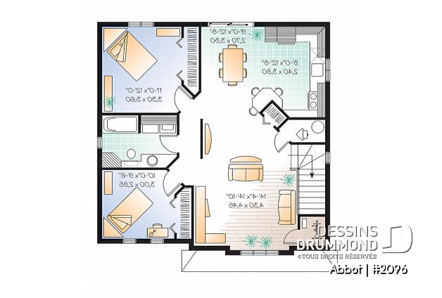 Étage - Plan de duplex abordable, 2 chambres, cuisine avec îlot lunch, espace ouvert - Abbot