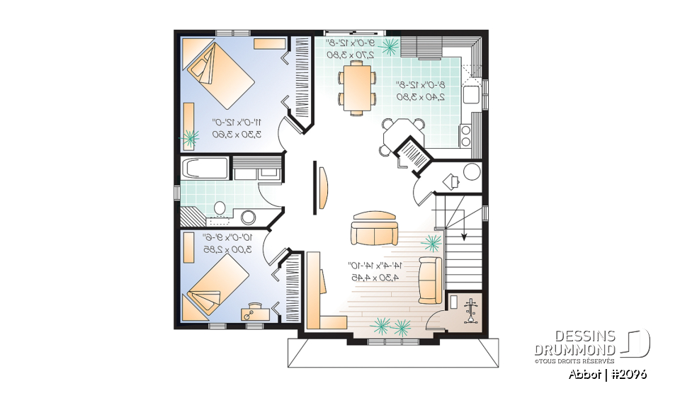 Étage - Plan de duplex abordable, 2 chambres, cuisine avec îlot lunch, espace ouvert - Abbot