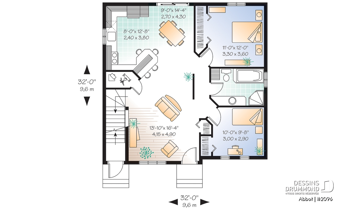 Rez-de-chaussée - Plan de duplex abordable, 2 chambres, cuisine avec îlot lunch, espace ouvert - Abbot