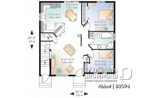 Rez-de-chaussée - Plan de duplex abordable, 2 chambres, cuisine avec îlot lunch, espace ouvert - Abbot