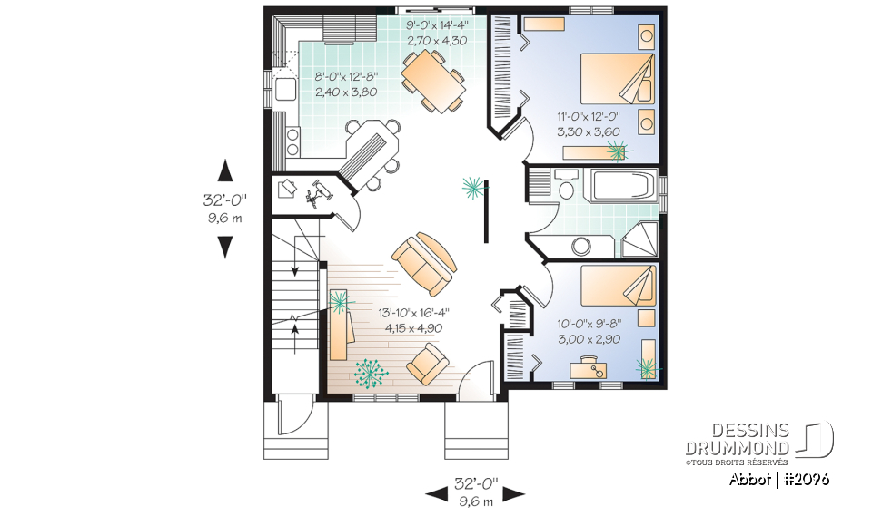 Rez-de-chaussée - Plan de duplex abordable, 2 chambres, cuisine avec îlot lunch, espace ouvert - Abbot