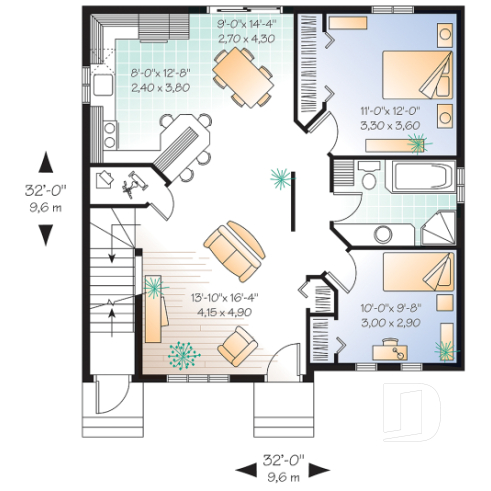 Rez-de-chaussée - Plan de duplex abordable, 2 chambres, cuisine avec îlot lunch, espace ouvert - Abbot