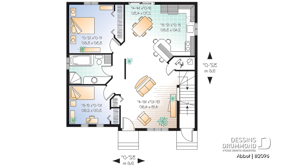 Rez-de-chaussée - Plan de duplex abordable, 2 chambres, cuisine avec îlot lunch, espace ouvert - Abbot