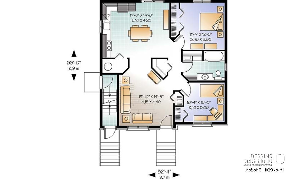Rez-de-chaussée - Plan de triplex économique moderne, 2 chambres par unité, coin buanderie, plancher à aire ouverte - Abbot 3