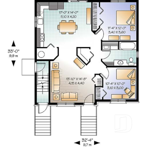 Rez-de-chaussée - Plan de triplex économique moderne, 2 chambres par unité, coin buanderie, plancher à aire ouverte - Abbot 3