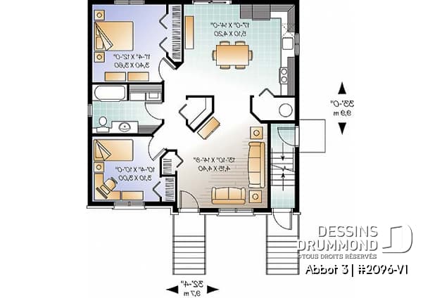 Rez-de-chaussée - Plan de triplex économique moderne, 2 chambres par unité, coin buanderie, plancher à aire ouverte - Abbot 3