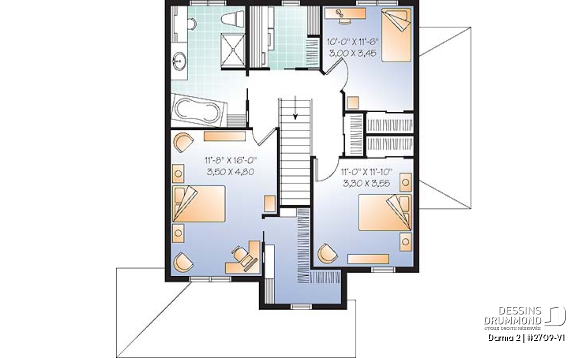 Étage - Plan de maison avec appartement au sous-sol, 3 chambres au logement principal, bureau, buanderie étage - Darma 2