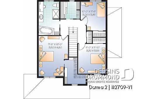 Étage - Plan de maison avec appartement au sous-sol, 3 chambres au logement principal, bureau, buanderie étage - Darma 2