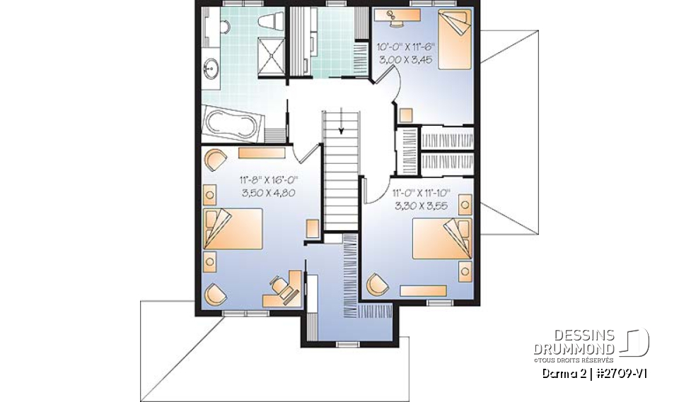 Étage - Plan de maison avec appartement au sous-sol, 3 chambres au logement principal, bureau, buanderie étage - Darma 2