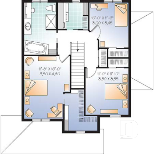 Étage - Plan de maison avec appartement au sous-sol, 3 chambres au logement principal, bureau, buanderie étage - Darma 2