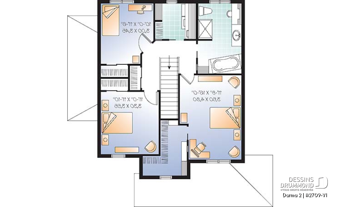 Étage - Plan de maison avec appartement au sous-sol, 3 chambres au logement principal, bureau, buanderie étage - Darma 2