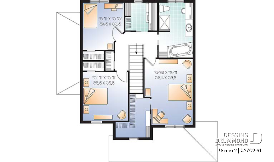 Étage - Plan de maison avec appartement au sous-sol, 3 chambres au logement principal, bureau, buanderie étage - Darma 2