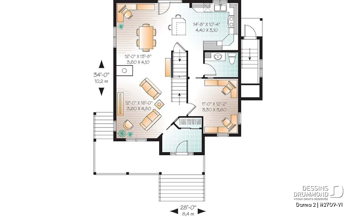 Rez-de-chaussée - Plan de maison avec appartement au sous-sol, 3 chambres au logement principal, bureau, buanderie étage - Darma 2