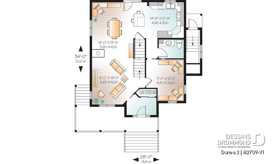 Rez-de-chaussée - Plan de maison avec appartement au sous-sol, 3 chambres au logement principal, bureau, buanderie étage - Darma 2