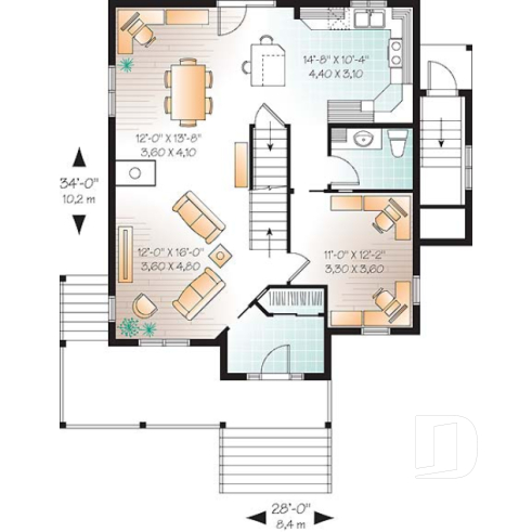 Rez-de-chaussée - Plan de maison avec appartement au sous-sol, 3 chambres au logement principal, bureau, buanderie étage - Darma 2