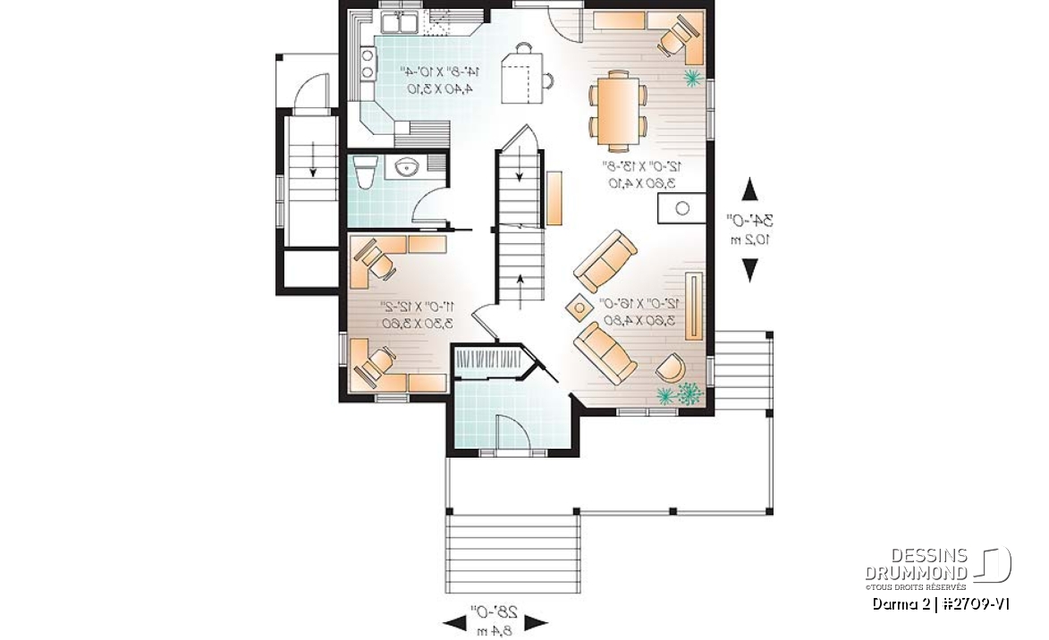 Rez-de-chaussée - Plan de maison avec appartement au sous-sol, 3 chambres au logement principal, bureau, buanderie étage - Darma 2