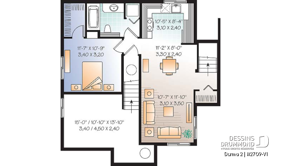 Sous-sol - Plan de maison avec appartement au sous-sol, 3 chambres au logement principal, bureau, buanderie étage - Darma 2
