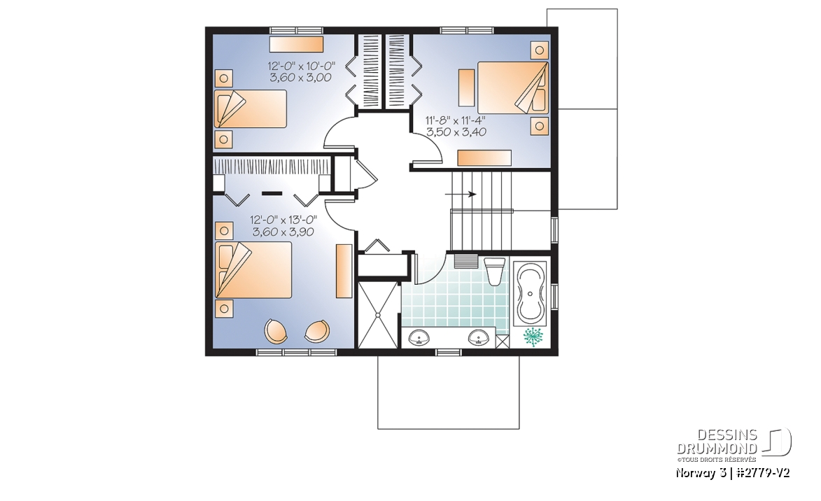 Étage - Plan de maison 3 chambres avec appartement au sous-sol, buanderie au rez-de-chaussée, foyer - Norway 3