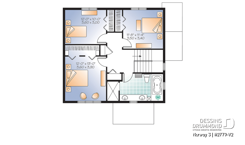 Étage - Plan de maison 3 chambres avec appartement au sous-sol, buanderie au rez-de-chaussée, foyer - Norway 3