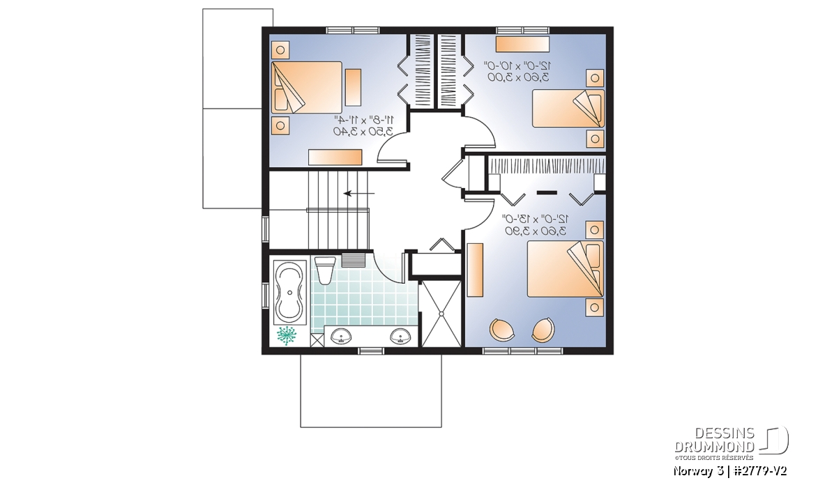 Étage - Plan de maison 3 chambres avec appartement au sous-sol, buanderie au rez-de-chaussée, foyer - Norway 3