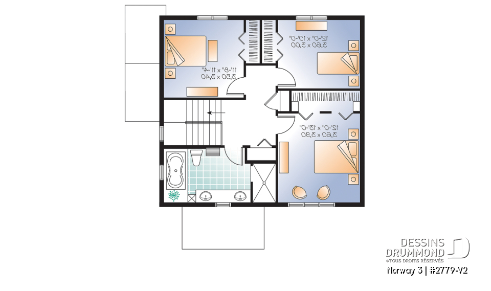 Étage - Plan de maison 3 chambres avec appartement au sous-sol, buanderie au rez-de-chaussée, foyer - Norway 3