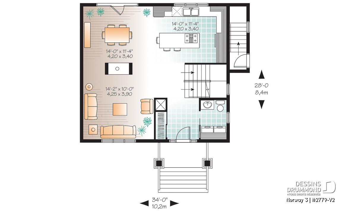 Rez-de-chaussée - Plan de maison 3 chambres avec appartement au sous-sol, buanderie au rez-de-chaussée, foyer - Norway 3