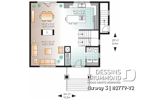 Rez-de-chaussée - Plan de maison 3 chambres, avec appartement au sous-sol, buanderie au rez-de-chaussée, foyer - Norway 3
