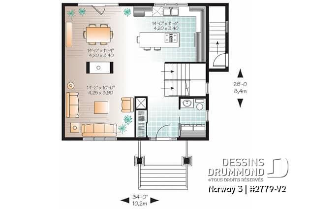Rez-de-chaussée - Plan de maison 3 chambres, avec appartement au sous-sol, buanderie au rez-de-chaussée, foyer - Norway 3